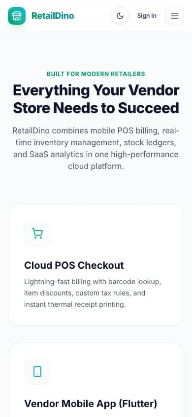 RetailDino SaaS Everything Your Vendor Store Needs to Succeed on mobile — White-Label Retail POS & Inventory SaaS Platform with Complete Source Code