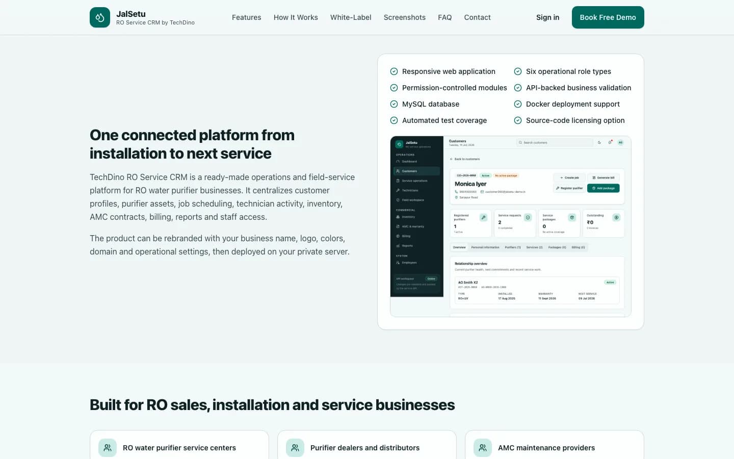 JalSetu One connected platform from installation to next service on desktop — White-Label RO Service CRM Software
