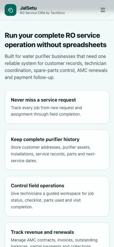 JalSetu Run your complete RO service operation without spreadsheets on mobile — White-Label RO Service CRM Software