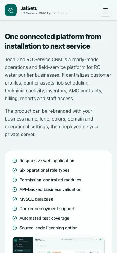 JalSetu One connected platform from installation to next service on mobile — White-Label RO Service CRM Software