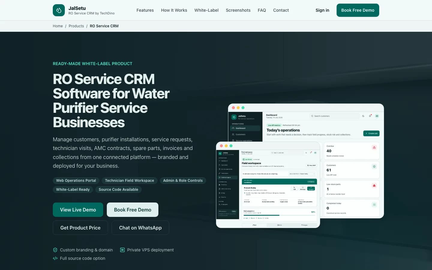 JalSetu home page on desktop — RO Service CRM Software for Water Purifier Service Businesses