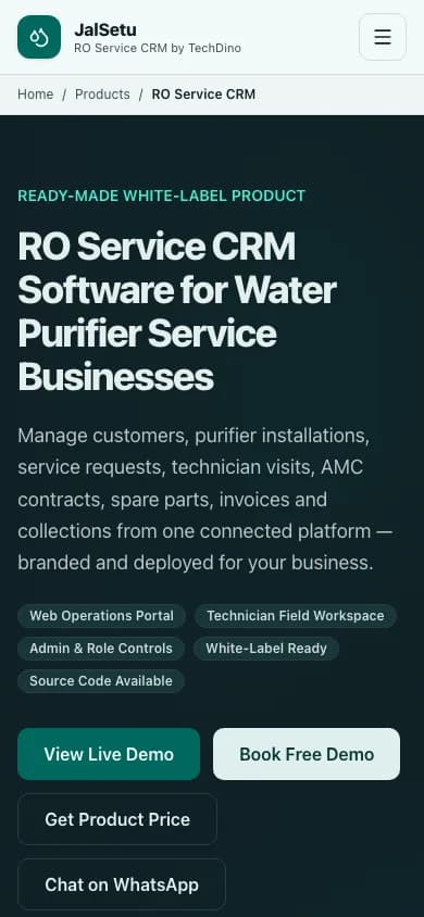 JalSetu home page on mobile — RO Service CRM Software for Water Purifier Service Businesses