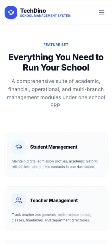 School App Feature Set on mobile — White-Label School Management Software