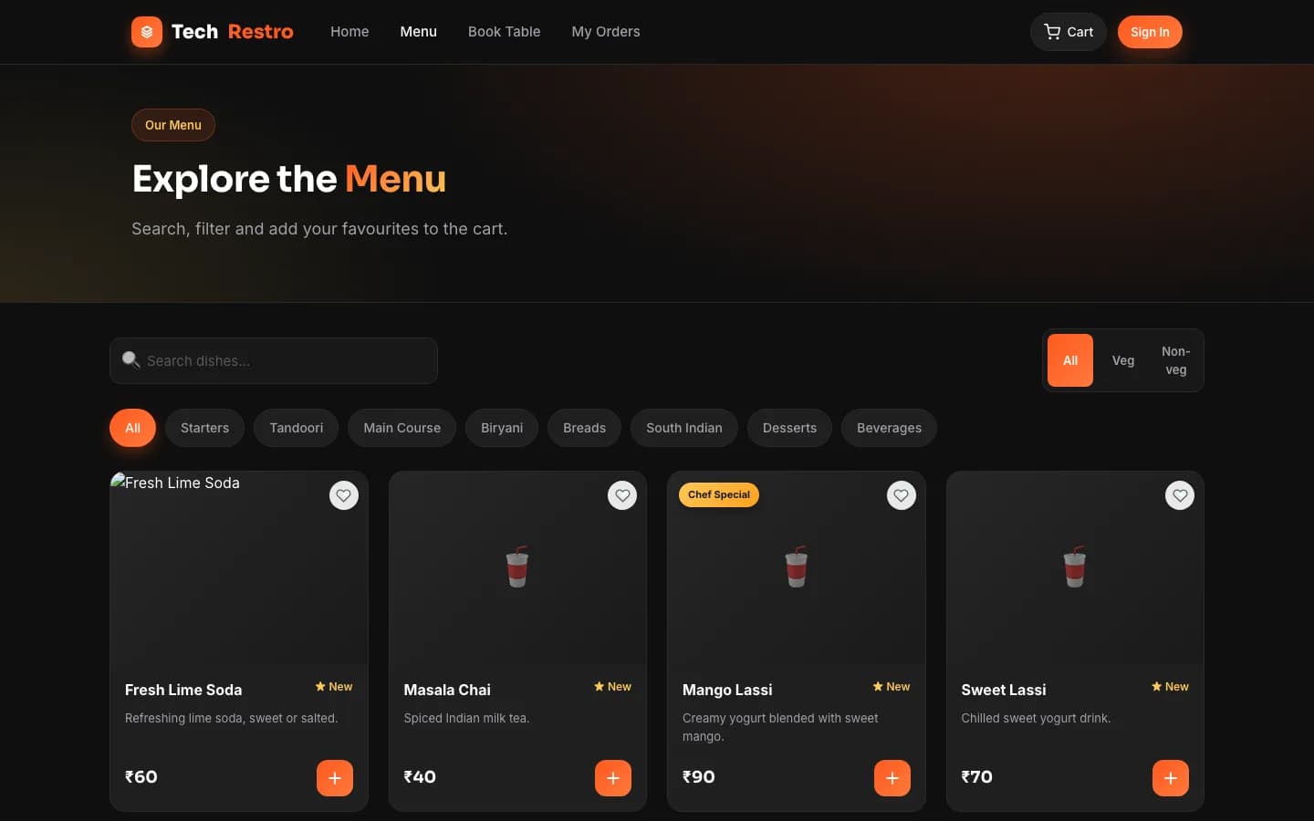 TechRestro menu on desktop — Explore the Menu