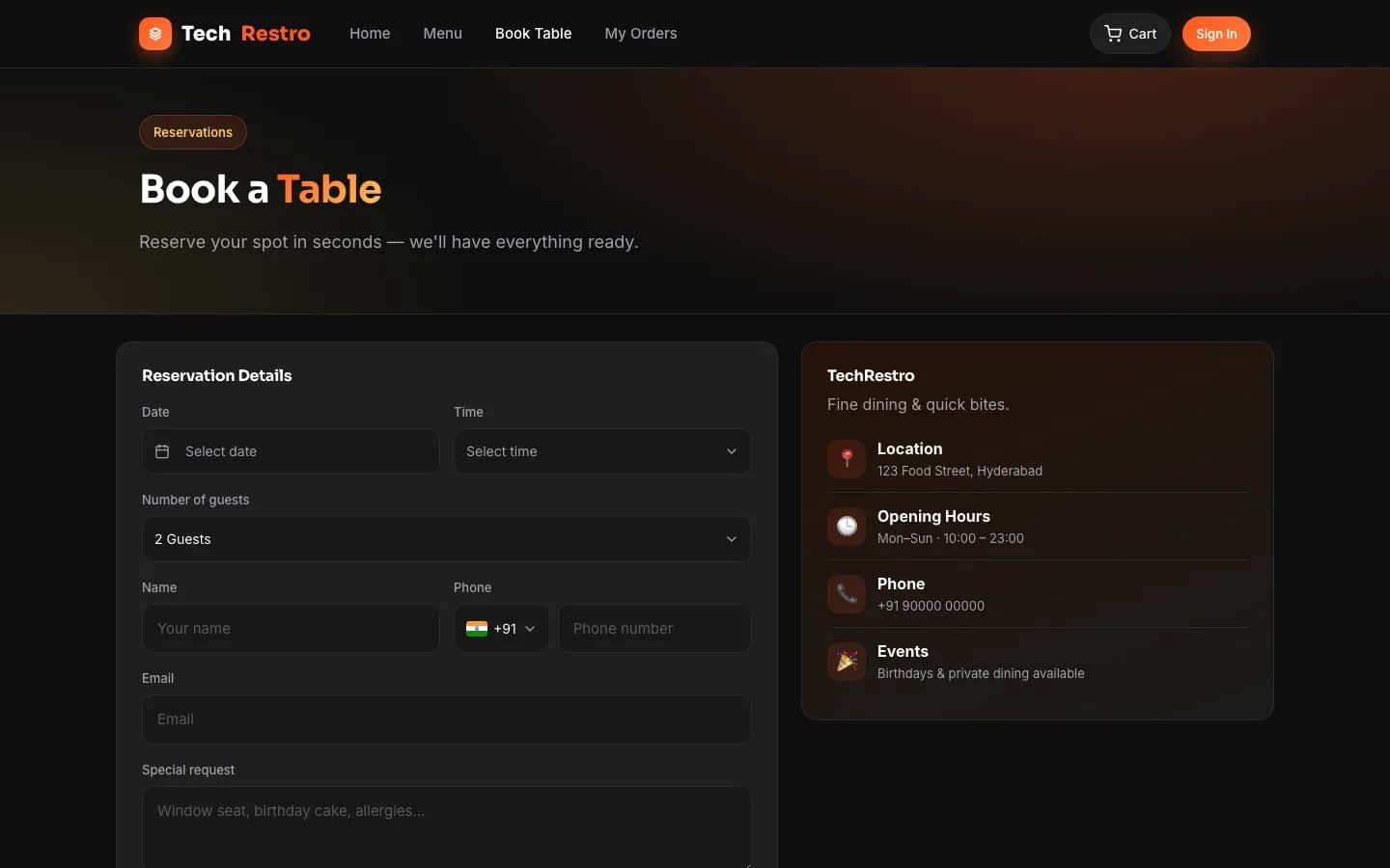 TechRestro book on desktop — Book a Table