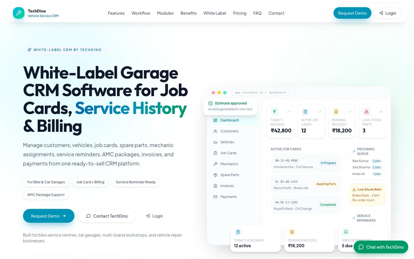 Vehicle Service App garage CRM dashboard screenshot showing active job cards and billing