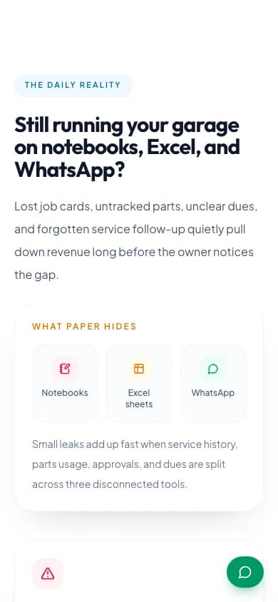 Vehicle Service App Still running your garage on notebooks, Excel, and WhatsApp? on mobile — Garage, Bike & Car Service Center Management Software