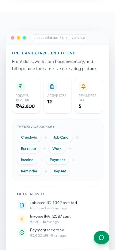 Vehicle Service App One CRM to manage your complete service workflow on mobile — Garage, Bike & Car Service Center Management Software