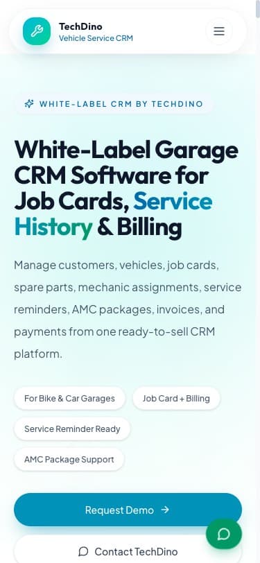 Vehicle Service App garage CRM dashboard screenshot showing active job cards and billing mobile preview