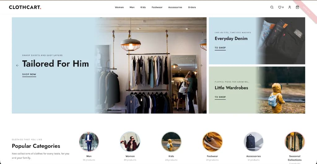 ClothCart white-label fashion ecommerce app product listing and shopping website screenshot