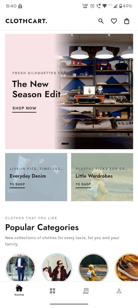 ClothCart white-label fashion ecommerce app product listing and shopping website screenshot mobile preview