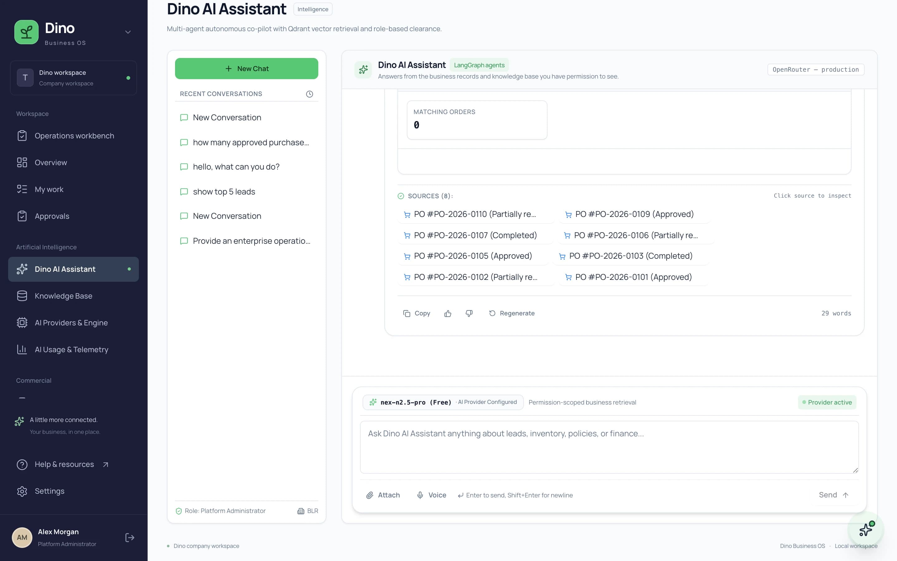 Dino Business OS - Dino Business OS LangGraph multi-agent AI assistant answering from live company records