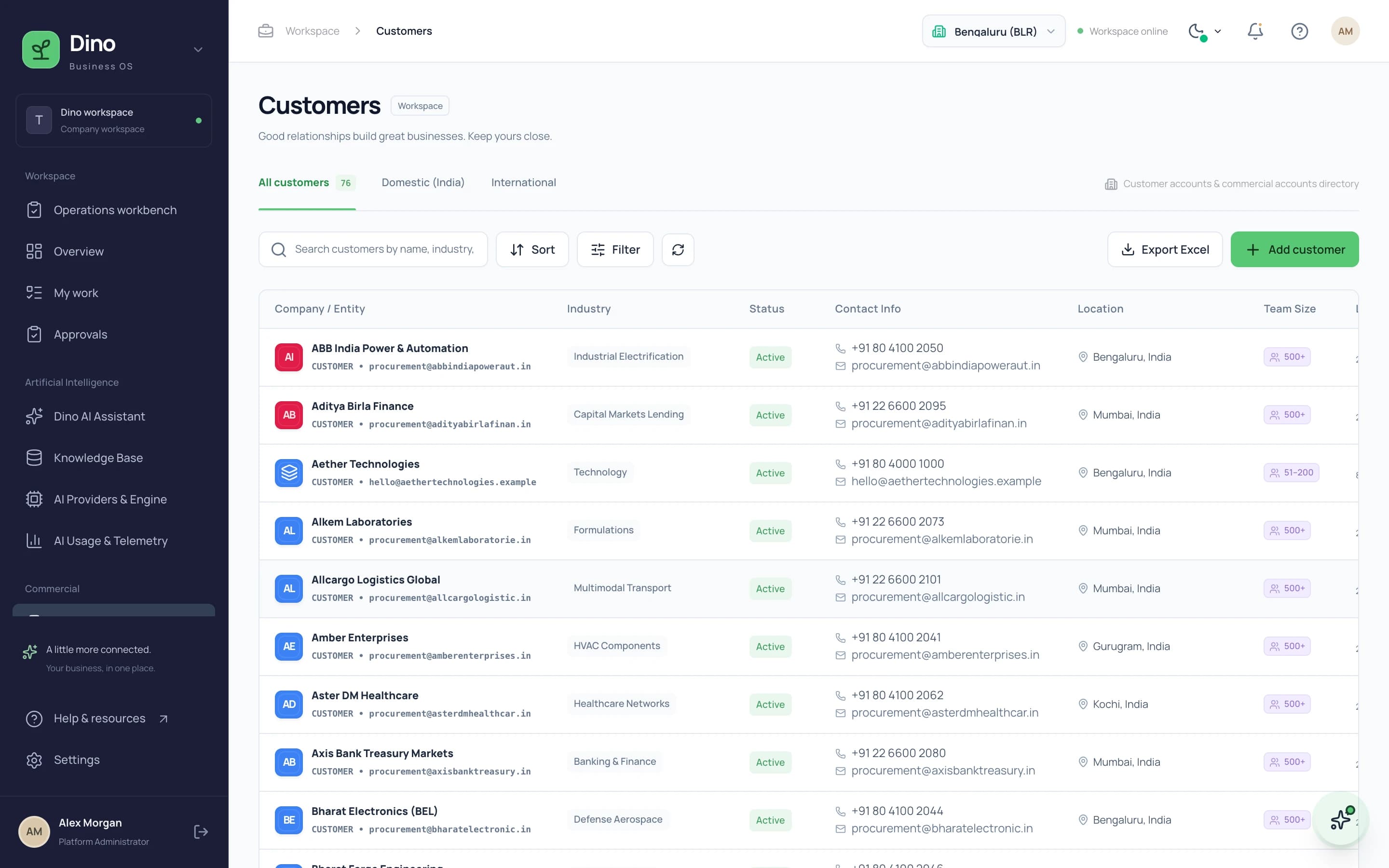 Dino Business OS - Dino Business OS customers and commercial accounts directory with search, filters and export