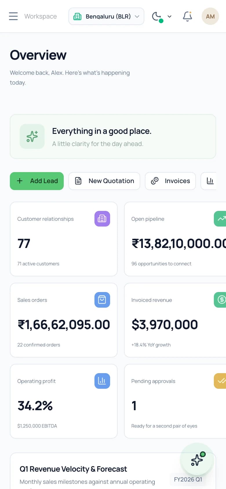 Dino Business OS AI-powered company overview dashboard with revenue pipeline, sales orders, and metric cards mobile preview