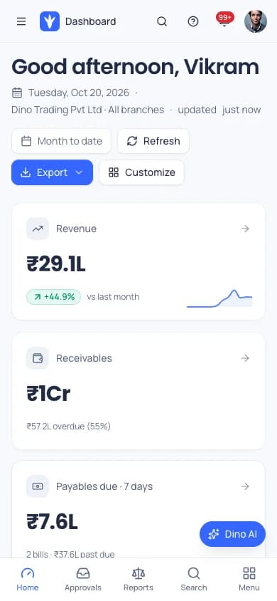 Dino ERP CEO dashboard with revenue, receivables, payables due, cash and bank, revenue vs expenses chart and sales by branch, on demo sample data mobile preview