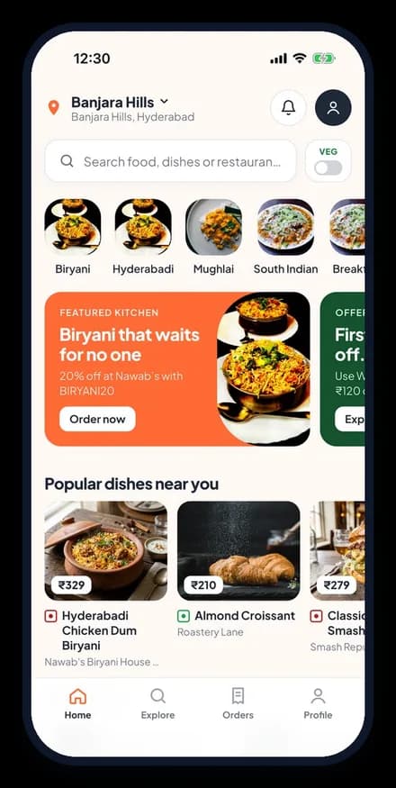 Dino Food Delivery customer app home with cuisines, featured kitchen offer and popular dishes