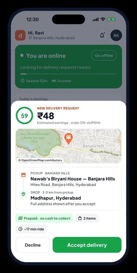 Dino Food Delivery partner app showing a new delivery request with estimated earnings and an accept button