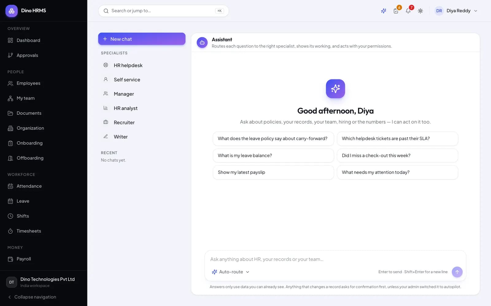 Dino HRMS - Dino HRMS AI assistant chat answering an HR question from company data and proposing an action for confirmation