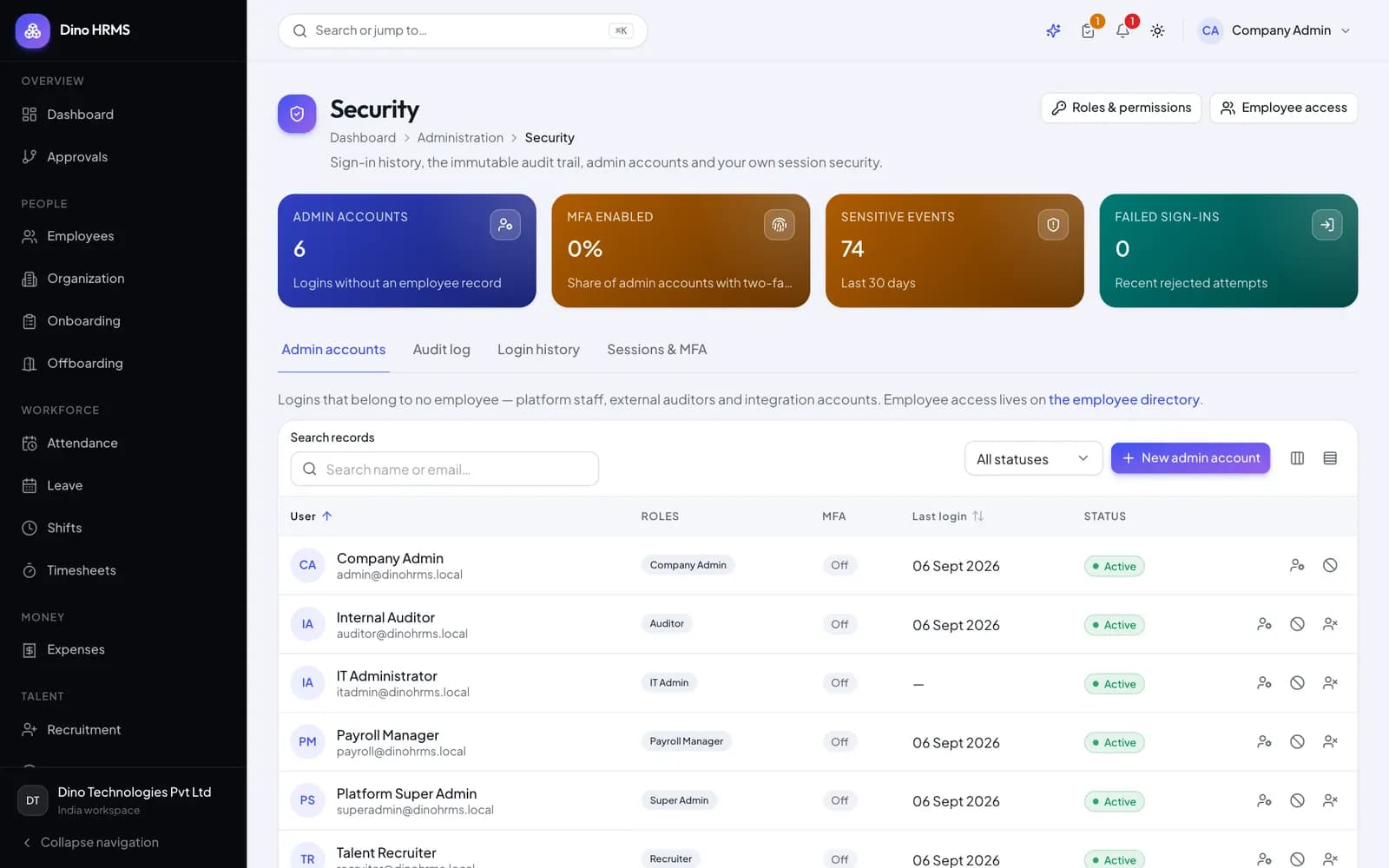 Dino HRMS - Dino HRMS security audit log listing every sensitive action with actor, before and after values and IP