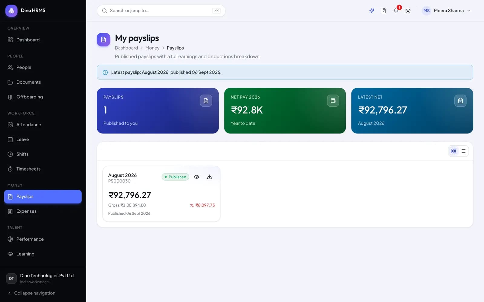 Dino HRMS - Dino HRMS employee payslip list with downloadable PDF payslips per pay period