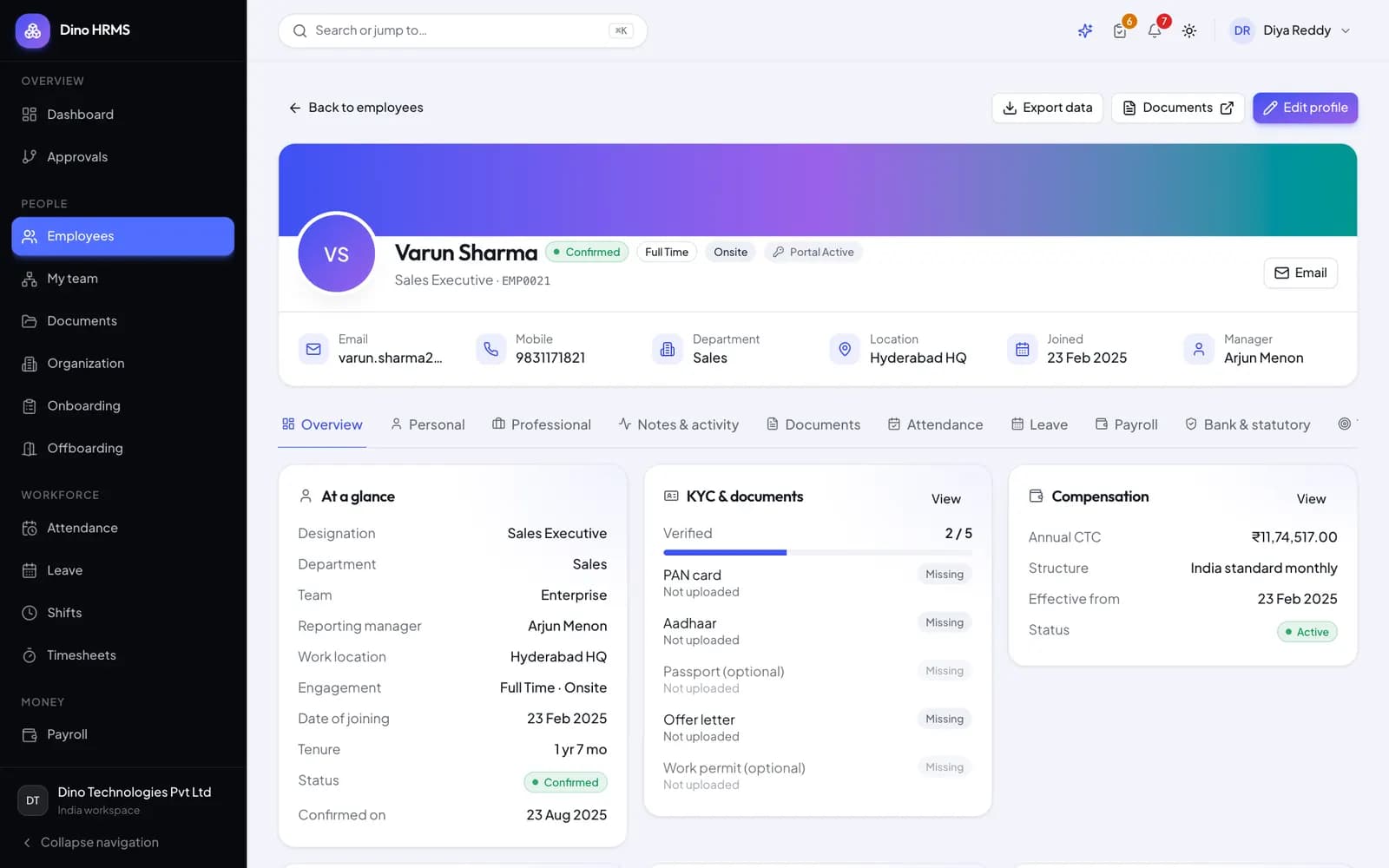 Dino HRMS - Dino HRMS employee record overview showing employment, compensation, documents and KYC completion tabs