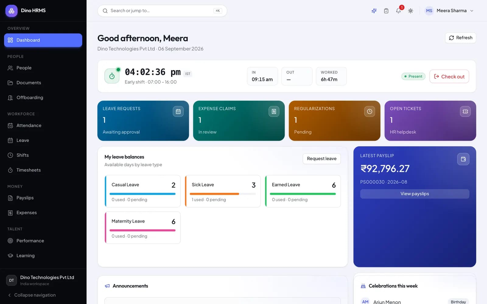 Dino HRMS - Dino HRMS employee self-service dashboard with check-in, leave balance, payslips and open requests