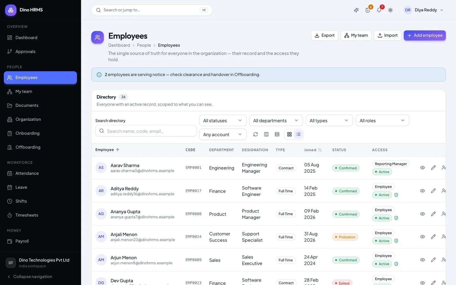 Dino HRMS - Dino HRMS employee directory with search, department filters and role-scoped profile access