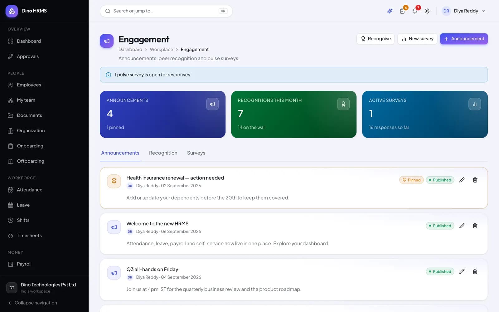 Dino HRMS - Dino HRMS engagement module with company announcements, surveys and recognition posts