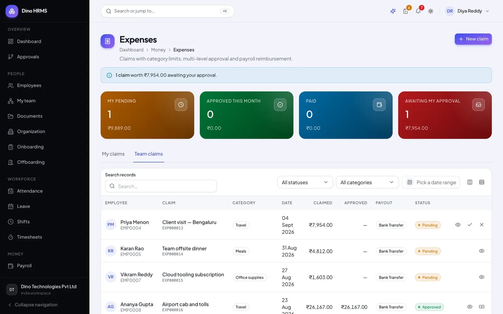 Dino HRMS - Dino HRMS expense claims list with submitted receipts, approval status and reimbursement tracking