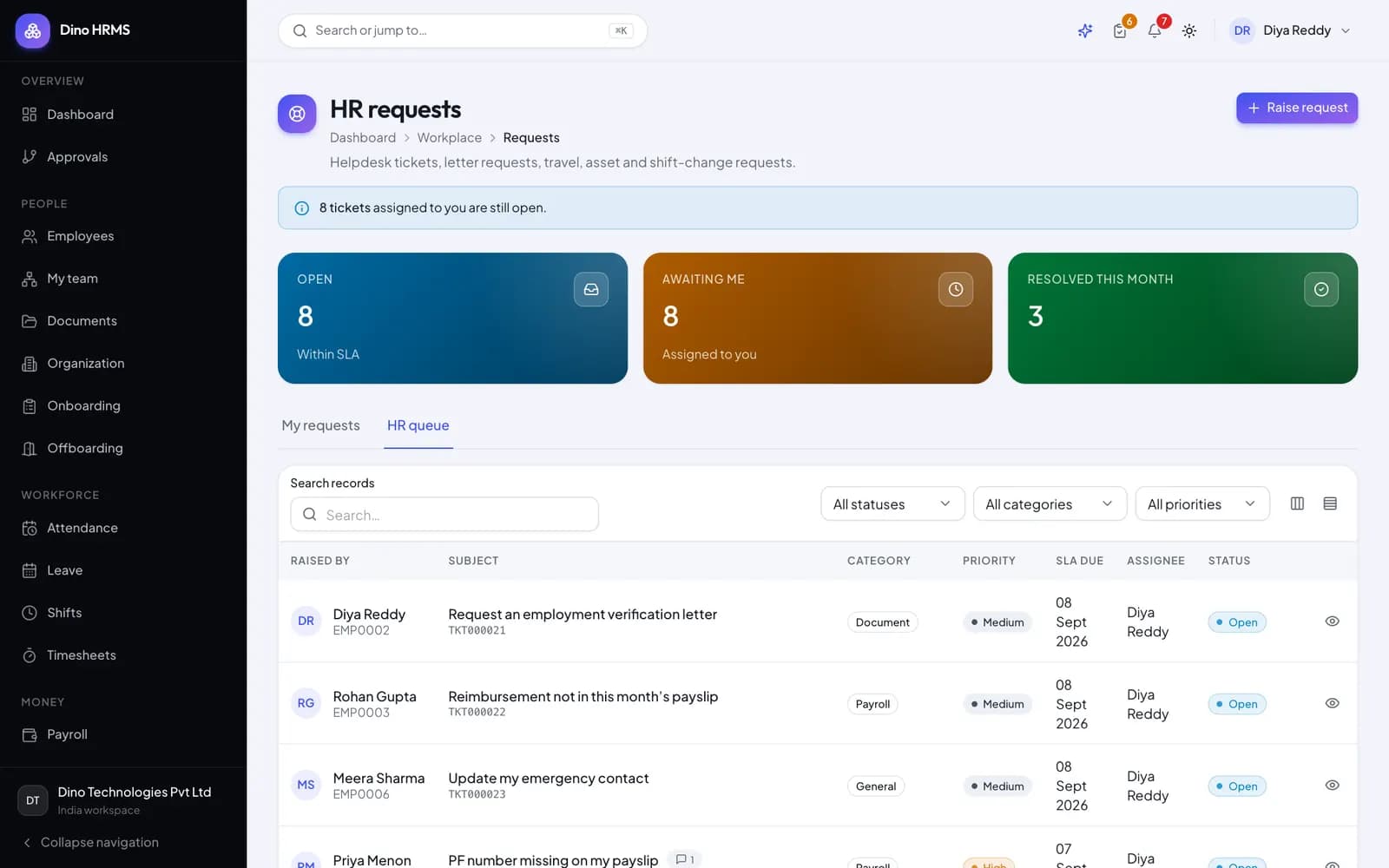 Dino HRMS - Dino HRMS HR helpdesk with employee requests, categories, assignees and SLA tracking