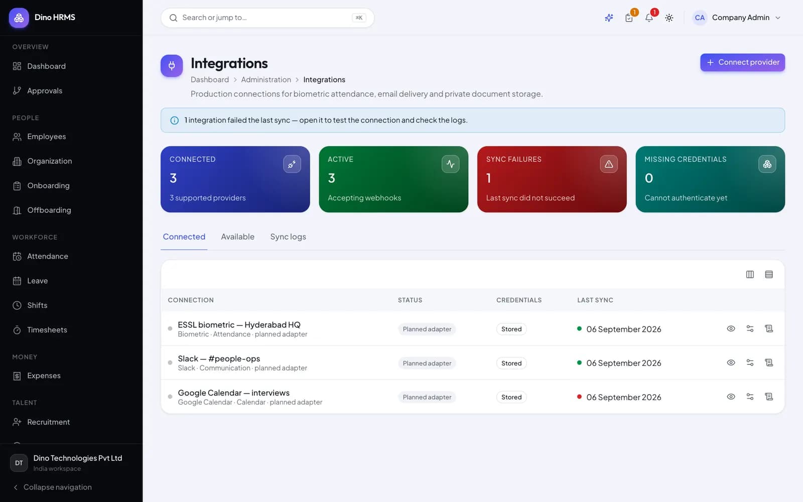 Dino HRMS - Dino HRMS integrations hub showing connected providers, sync status and sync logs