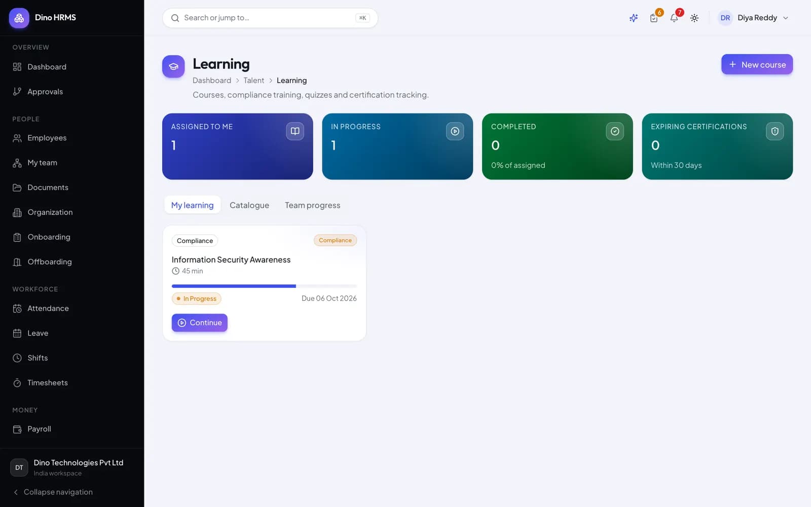 Dino HRMS - Dino HRMS learning management course catalogue with enrolment and completion tracking