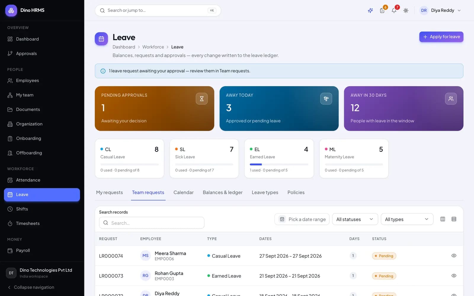 Dino HRMS - Dino HRMS leave dashboard showing balances per leave type, pending requests and the team leave calendar