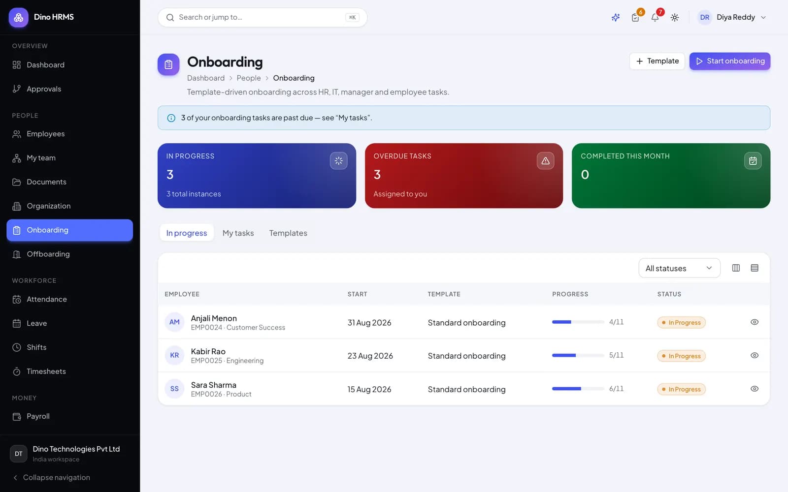 Dino HRMS - Dino HRMS onboarding checklists with templated tasks assigned to HR, IT and the hiring manager