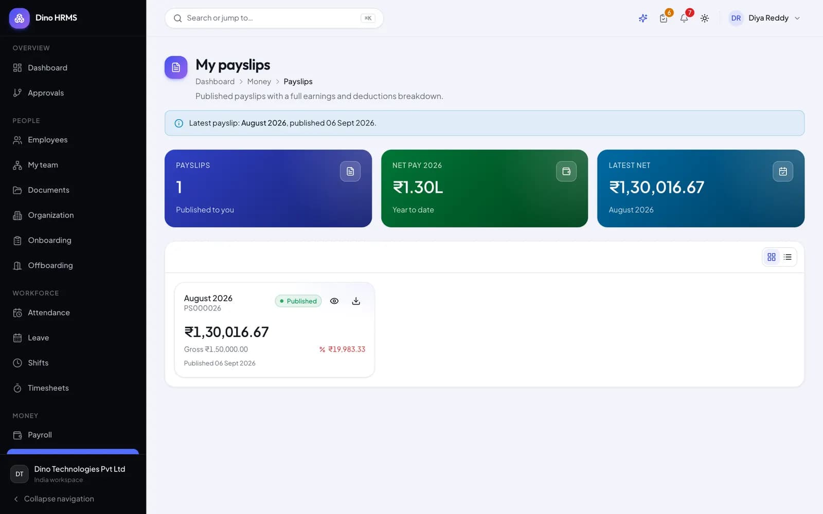 Dino HRMS - Dino HRMS payslip register listing generated payslips by period with PDF download