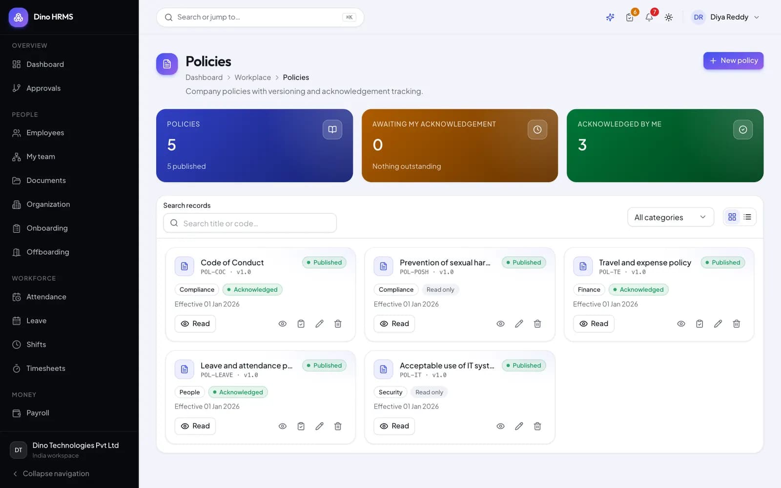 Dino HRMS - Dino HRMS policy handbook with published HR policies and employee acknowledgement tracking