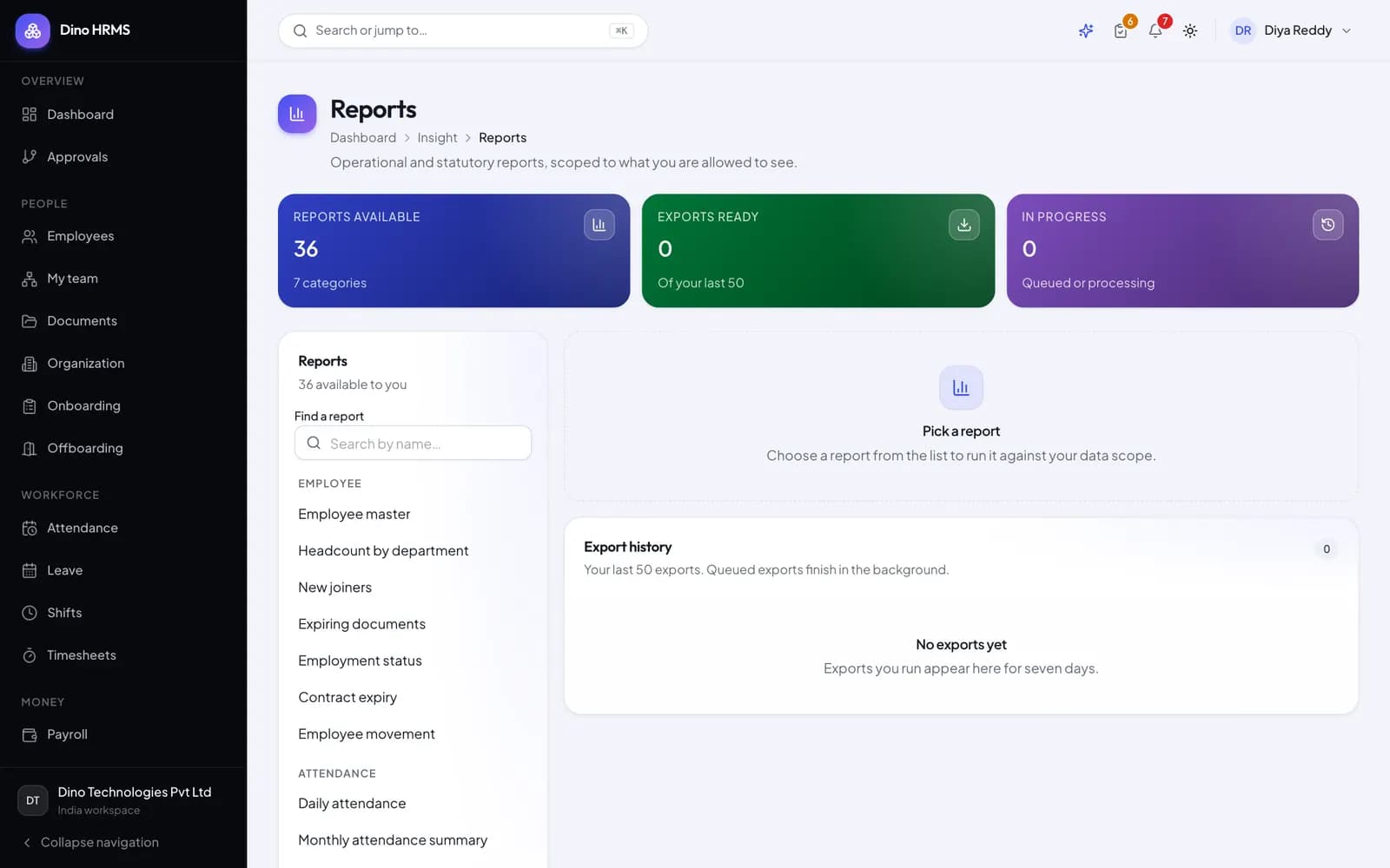 Dino HRMS - Dino HRMS reports and analytics hub with headcount, attendance, payroll and hiring reports