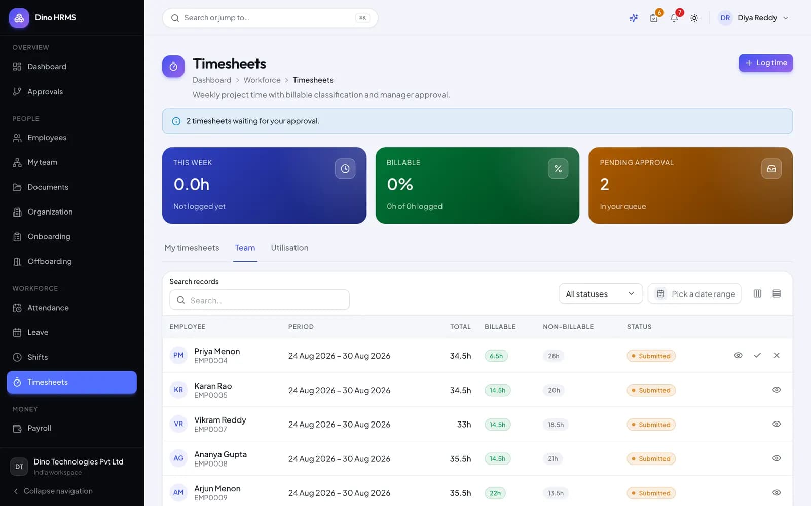 Dino HRMS - Dino HRMS weekly timesheet tracker with project and task lines, daily hours and submission status