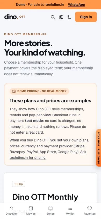 Dino OTT white-label streaming platform bundle with the website and admin studio, Android and iOS apps, Smart TV apps and source code mobile preview