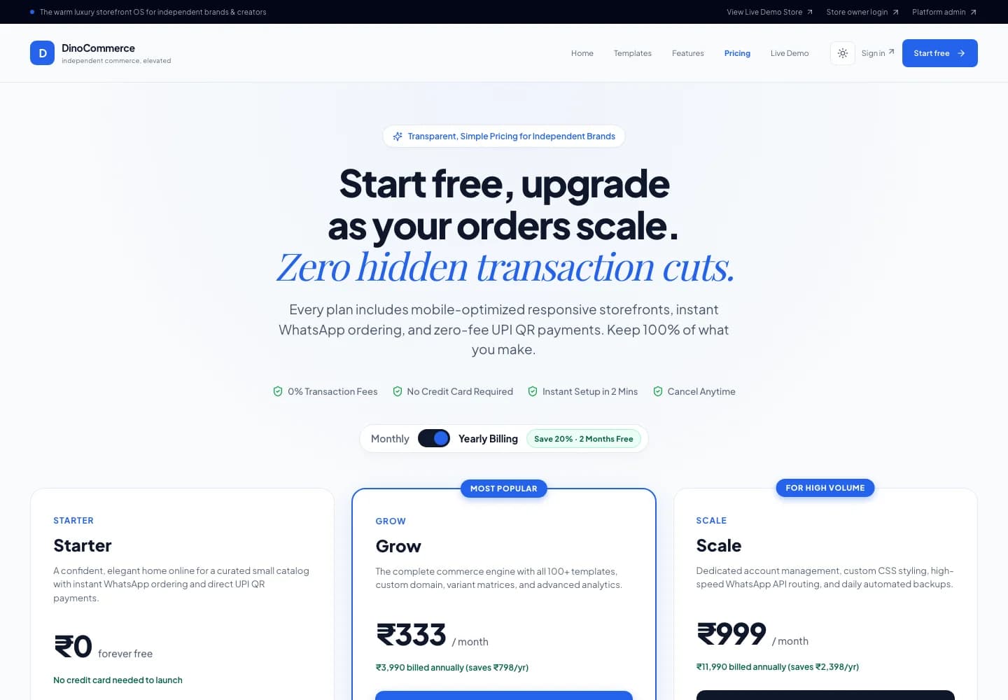DinoCommerce - DinoCommerce transparent pricing matrix with Starter, Grow, and Scale tiers