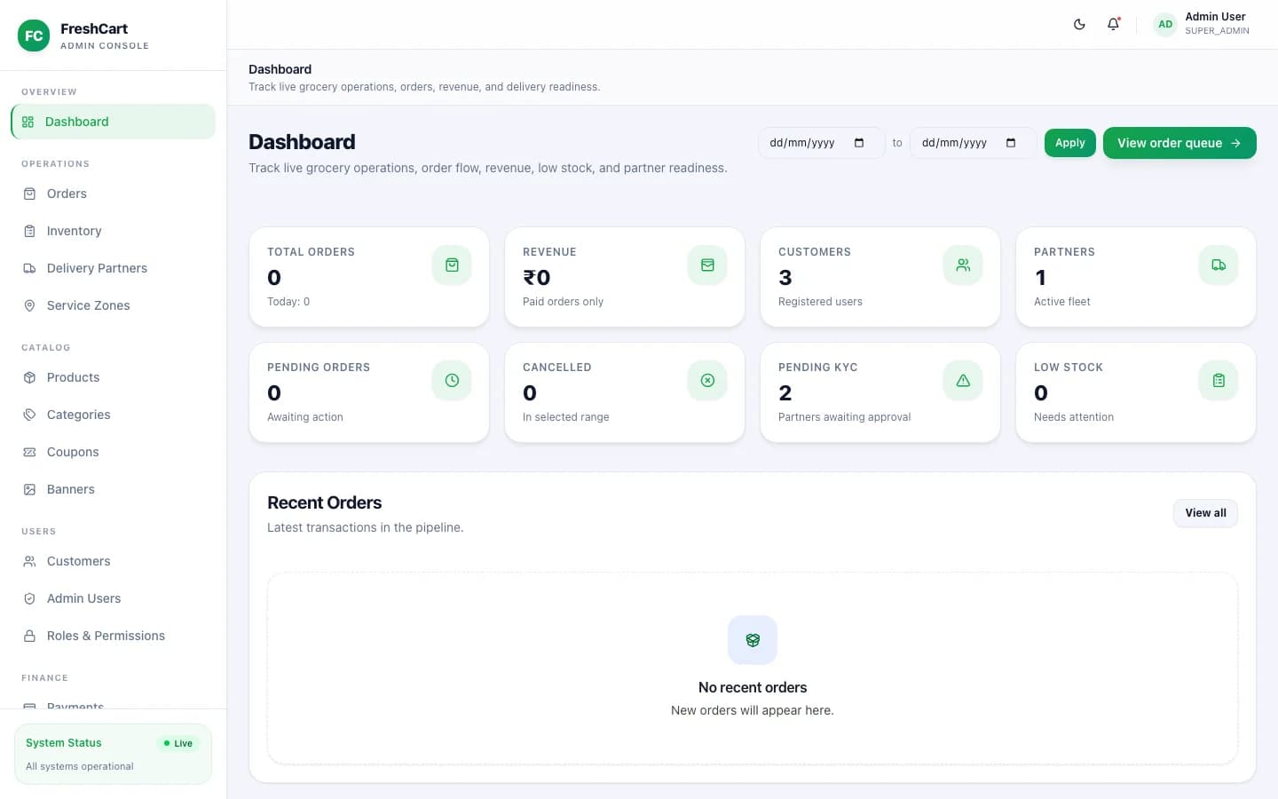 FreshCart white-label grocery delivery platform admin dashboard showing orders, revenue and inventory summaries