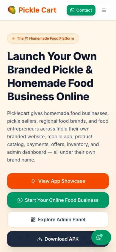 Picklecart homemade food ecommerce white-label software screenshot mobile preview