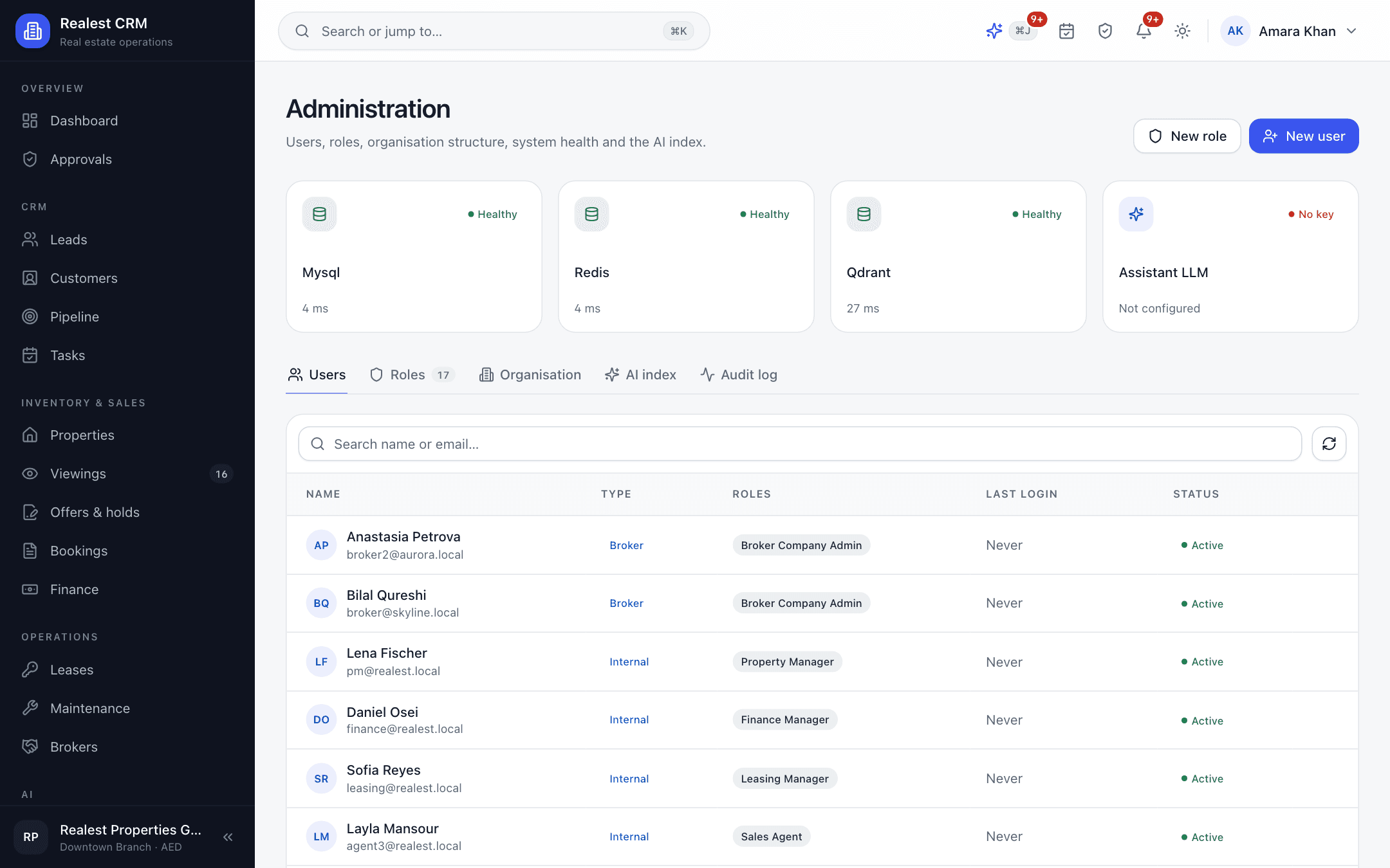 Realest CRM - Realest CRM security administration with 17 roles, permission scopes, and webhook logs