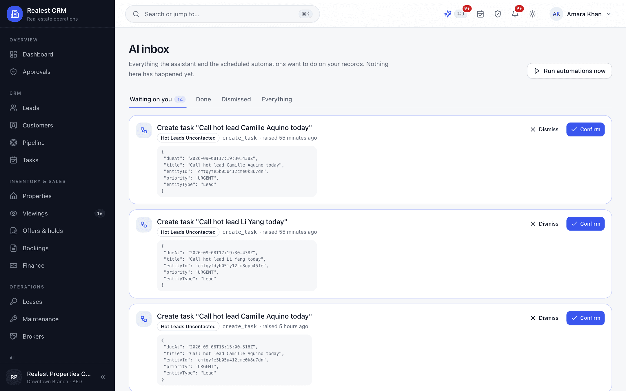 Realest CRM - Realest CRM AI inbox queuing proposed record modifications for human confirmation