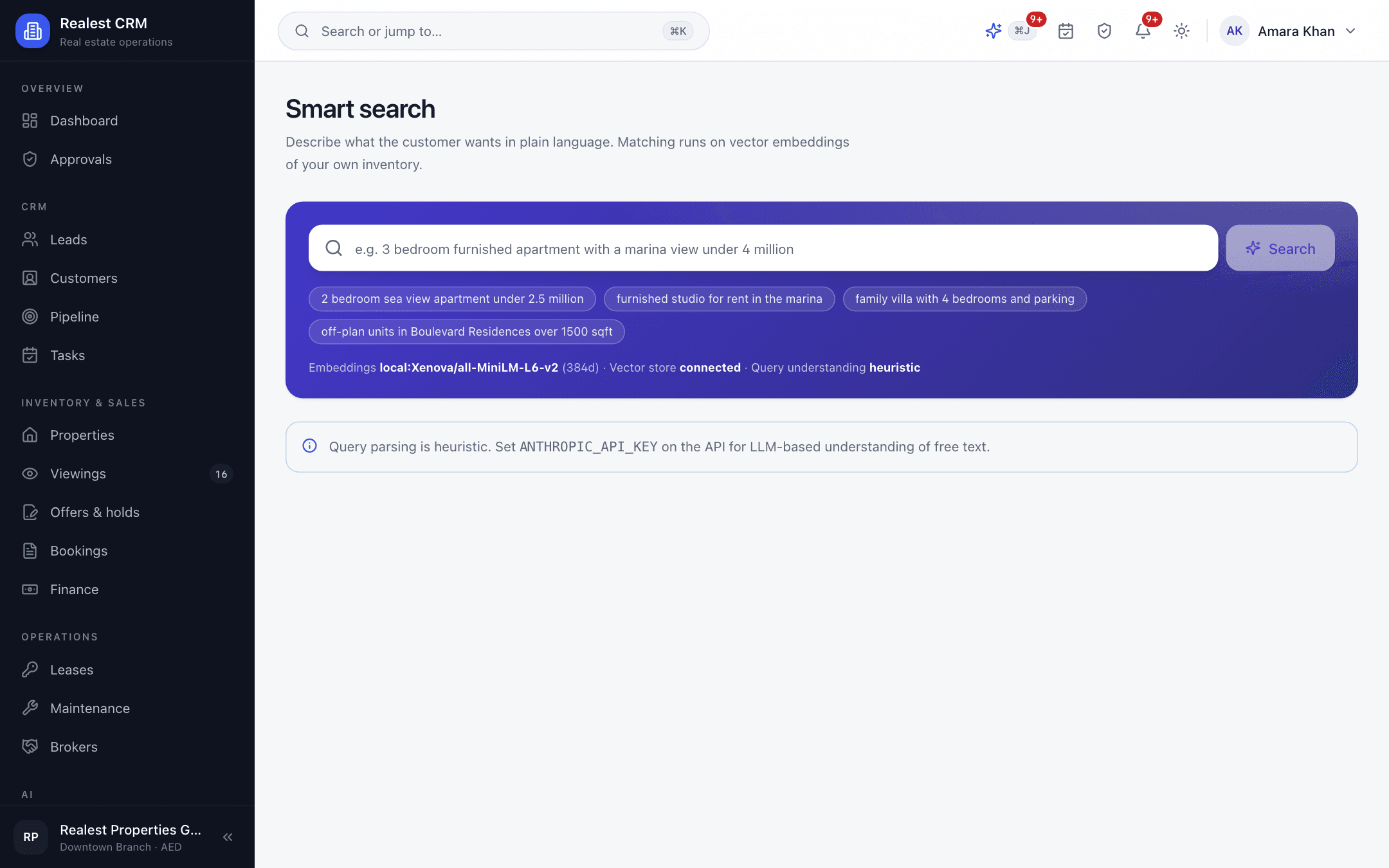 Realest CRM - Realest CRM semantic inventory search querying unit records with in-process vector embeddings