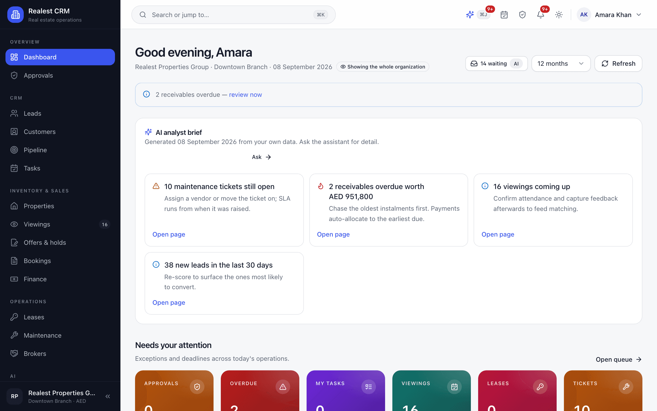 Realest CRM real estate CRM and property ERP dashboard showing sales metrics, unit availability, and AI assistant overview