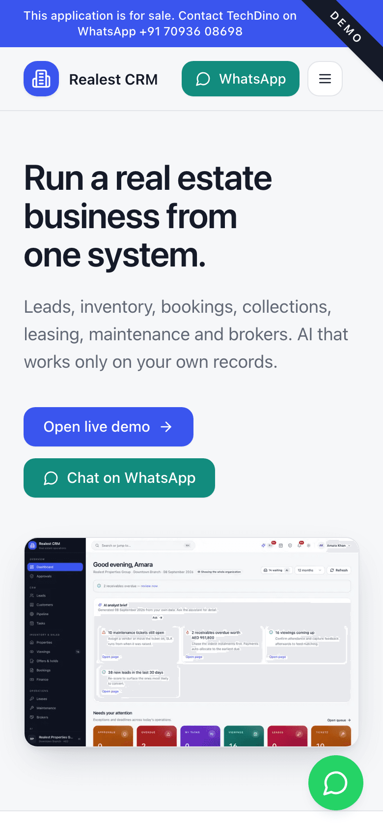 Realest CRM real estate CRM and property ERP dashboard showing sales metrics, unit availability, and AI assistant overview mobile preview