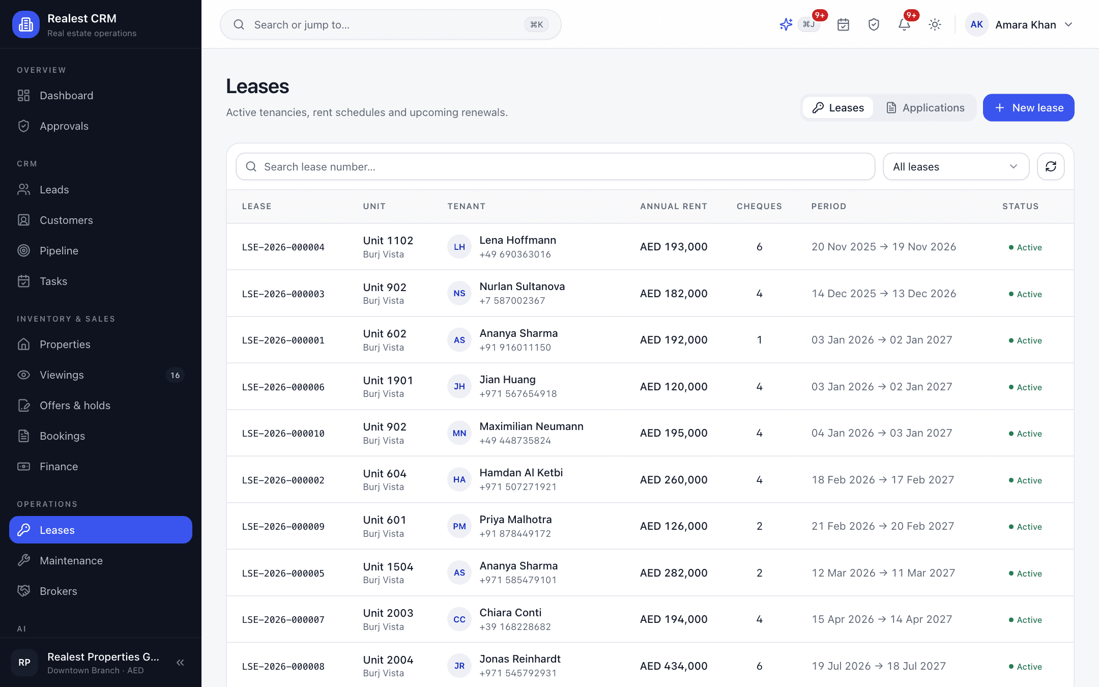 Realest CRM - Realest CRM leasing desk with tenancy contracts, rent escalation, and renewal calendars