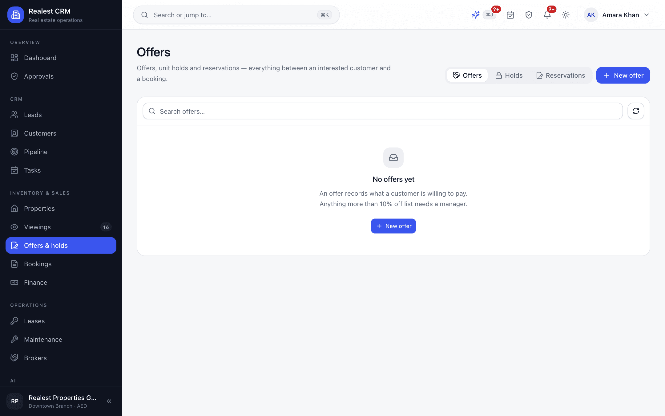 Realest CRM - Realest CRM offer negotiations with counter-proposals and management discount approval queue