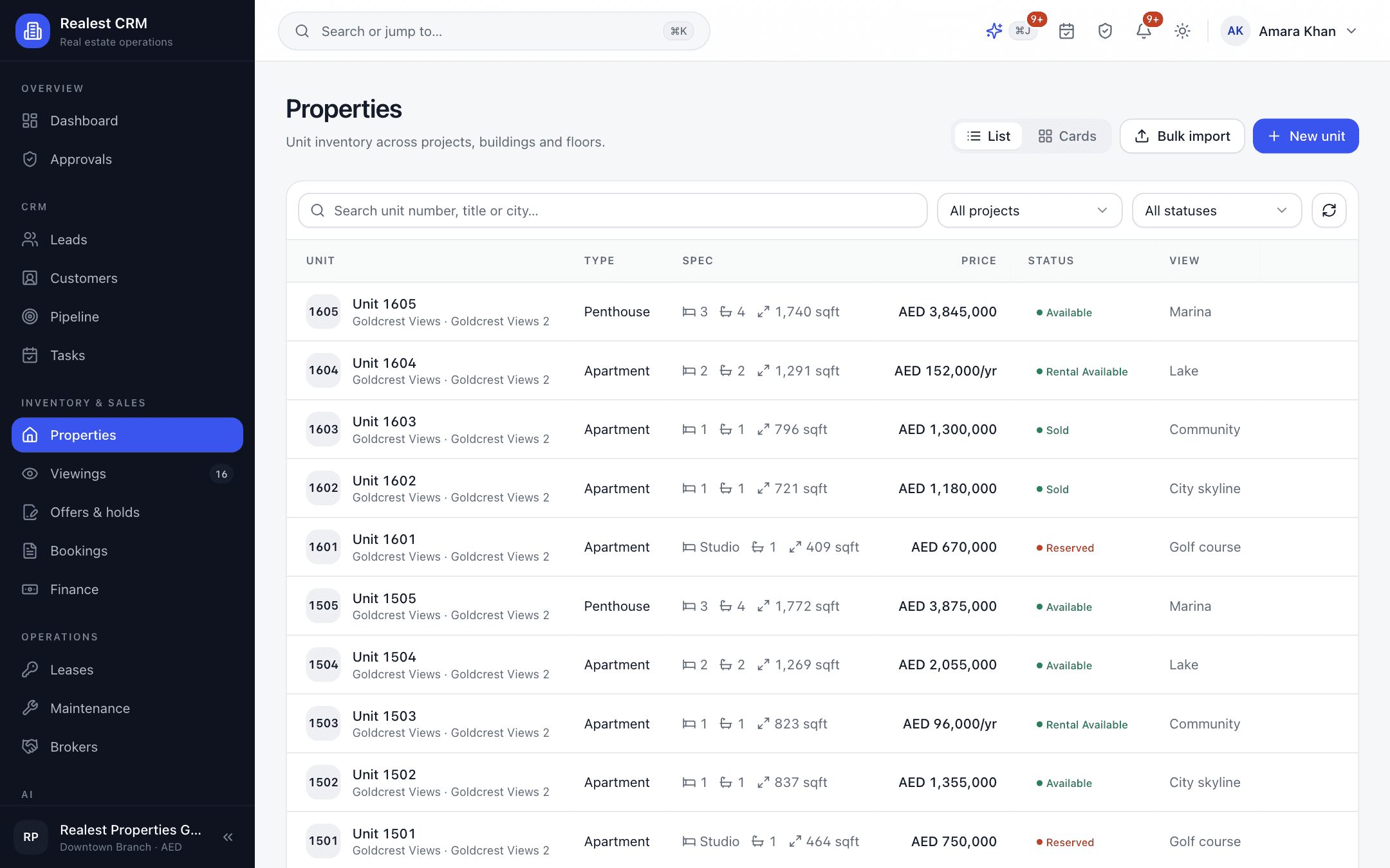Realest CRM - Realest CRM property inventory master with unit availability and interactive stacking plans